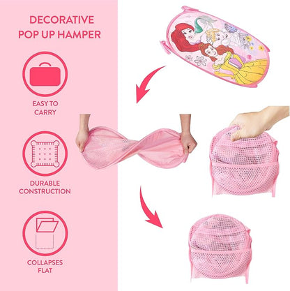 Disney Princess Pop-Up Laundry Hamper for Kids,Collapsible Mesh Storage Basket with Handles, Foldable Toy & Clothes Organizer, Pink Princess Design
