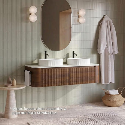 60" Preassembled Double Floating Bathroom Vanity with White Sink, Walnut | Mid-Century Modern Style, Fluted & Soft-Close Drawer with U-shaped Wall, Sinterted Stone Countertop, Towel Rack Included