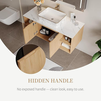 48" Floating Bathroom Vanity with Sink, Modern Vanity Cabinet with Sintered Stone Countertop, Wall Mount Bathroom Sink with Storage, Ceramic Basin, Light Wood