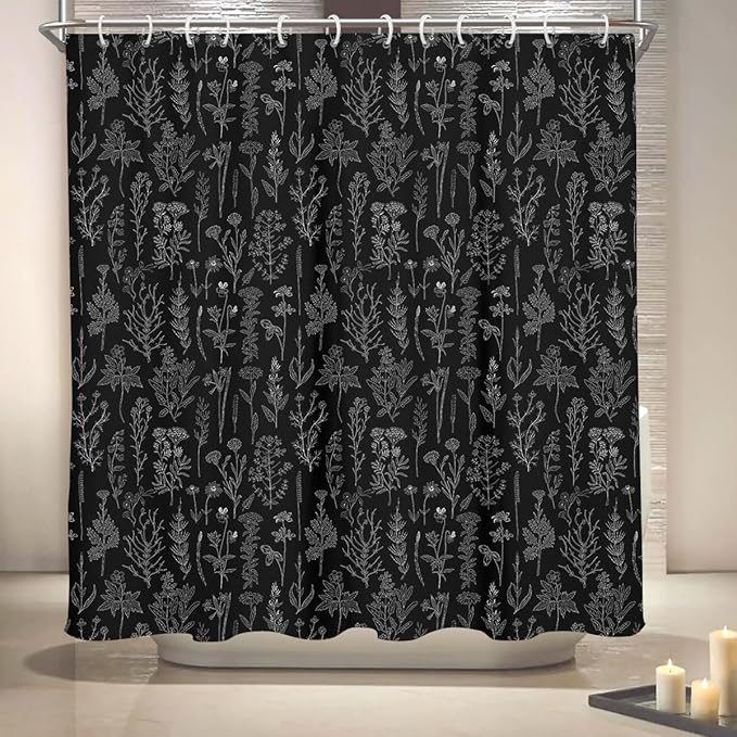 Coxila Vintage Floral Shower Curtain Long Wide Black Flower Retro Farmhouse Rustic Dark Spring Botanical Plant Country Boho Cute Wildflower Nature Bathroom 72 x 72 Inch Polyester Fabric 12 Pack Hooks