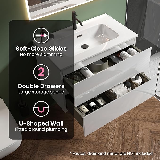 30" Bathroom Vanity with Sink, Modern Floating Vanity with Double Soft Closing Drawers, Large Storage for Small Space, Glossy White, Fully Assembled - Iris Collection