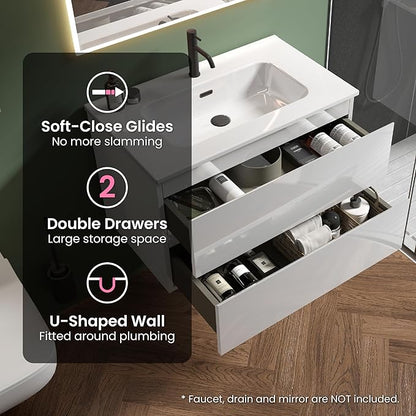 30" Bathroom Vanity with Sink, Modern Floating Vanity with Double Soft Closing Drawers, Large Storage for Small Space, Glossy White, Fully Assembled - Iris Collection