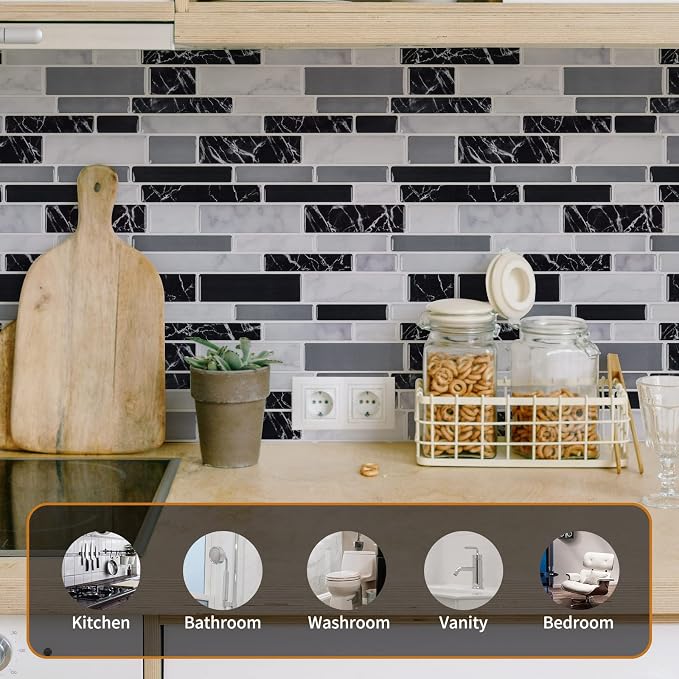 WOWSTAR 10-Sheet Peel and Stick Backsplash Tile for Kitchen Wall, Back Splash Stick On Tiles for Kitchen (12"x 12", Black Marble) | Peel and stick backsplash, self-adhesive wall tile, Black Marble, waterproof, kitchen bathroom wall, 10-sheet