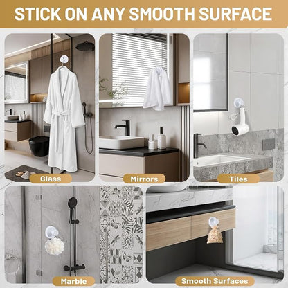 Suction Cup Hooks for Shower No-Drill Bathroom Hooks for Towels, Robes, Loofah Mountable on Bathroom Walls, Kitchen, Glass, Mirrors, Tile and Smooth,Non-Porous Surfaces (2, White)