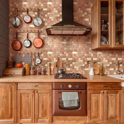Yipscazo Peel and Stick Backsplash Tile, Stick on Stainless Steel Backsplash Metal Tiles for Kitchen Walls in Copper (12''x12'',20 Sheets)