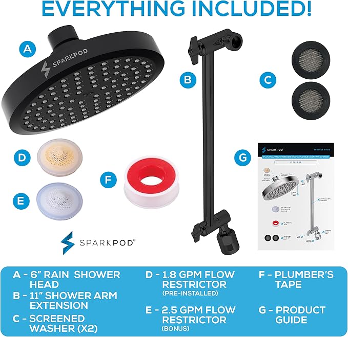 SparkPod 6" Round Rain Shower Head with 11" Shower Arm | Shower Head & Extension Arm Combo, Height Adjustable, High Pressure Performance, Easy 1-Minute Installation, Black Matte