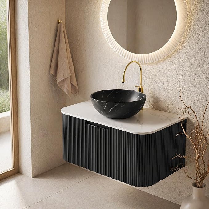 30 Inch Bathroom Vanity with Sink, Floating Wall Mounted Single Sink Vanity, Black Curved Fluted Front, Stone Top, Black Marble Vessel Basin, Pre-Assembled