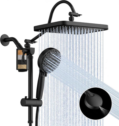 12" Filtered Shower Head with Handheld Rain Shower Head with Filters | Shower Filter Head for Hard Water,High Pressure,Dual Rainfall Shower Heads with Adjustable Extension Arm & Slide Bar,Black