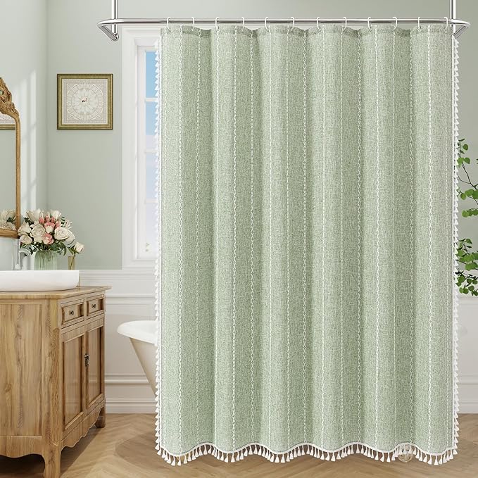 Boho Farmhouse Tassel Linen Shower Curtain,3D Embroidery Stripe Sage,72x96 | Extra Long Xl,310GSM Striped Texture Heavy Duty Cloth,Water Repellent,Wrinkle Resistant,Vintage Rustic Country design