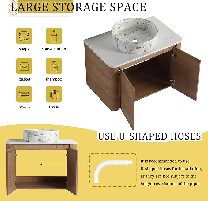 LKTART 30 Inch Floating Bathroom Vanity with Sink, Modern Wall Mounted Bathroom with Soft Close Door, White Stone Round Ceramic Basin and Sintered Stone Top