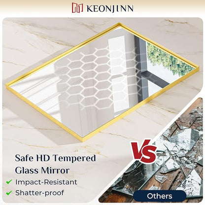 Keonjinn 60x40 Inch Gold Bathroom Mirror for Over Sink, Rectangular | HD Tempered Glass, Vanity Mirror, Brushed Framed, Square Corner, Modern Farmhouse, Wall Mounted Mirrors, Aluminum Alloy