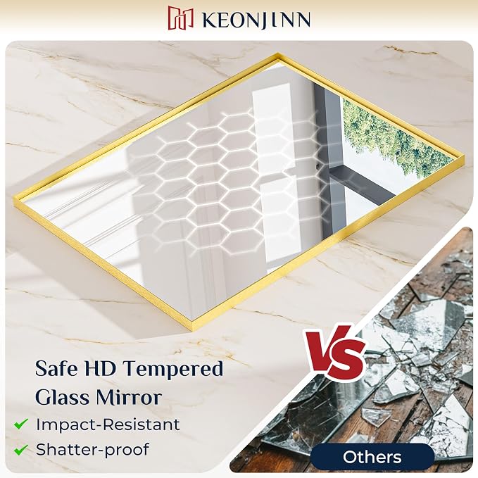 Keonjinn 24x30 Inch Gold Bathroom Mirror for Over Sink, Vanity Mirror | HD Tempered Glass, Rectangular, Brushed Framed, Square Corner, Modern Farmhouse, Wall Mounted Mirrors, Aluminum Alloy