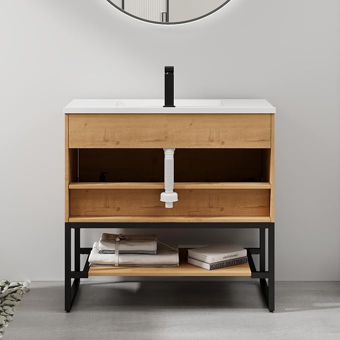 LUCKWIND 36" Modern Bathroom Vanity with Single White Sink Combo, Freestanding Storage Cabinet with Metal Frame, Matte Black Faucet and Open Shelf and 2 Soft-Closing Door, Natural