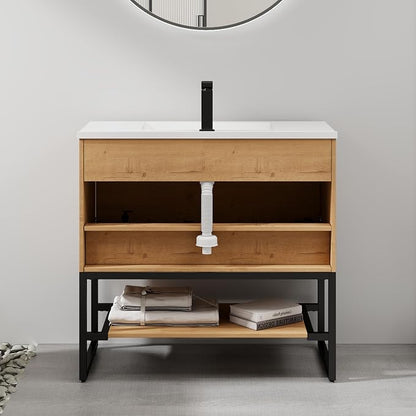 LUCKWIND 36" Modern Bathroom Vanity with Single White Sink Combo, Freestanding Storage Cabinet with Metal Frame, Matte Black Faucet and Open Shelf and 2 Soft-Closing Door, Natural