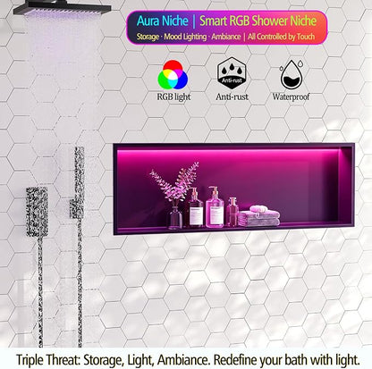 RGB Shower Niche LED Lights Waterproof, Matte Black Recessed Wall Niche-36X12 in Stainless Steel Niches for Shower, Tile-Ready for Bathroom Storage Shower Niche