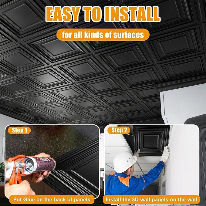 Nuanchu 60 Pcs Drop Ceiling Tiles 12x12 Inch, Glue up PVC Wall Panels,Black | Cuttable, Paintable, DIY, Waterproof, 3D Decorative Ceiling Panels for Bathroom Kitchen TV Background Living Room