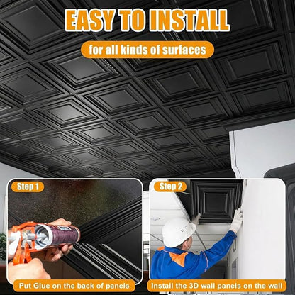 Nuanchu 60 Pcs Drop Ceiling Tiles 12x12 Inch, Glue up PVC Wall Panels,Black | Cuttable, Paintable, DIY, Waterproof, 3D Decorative Ceiling Panels for Bathroom Kitchen TV Background Living Room