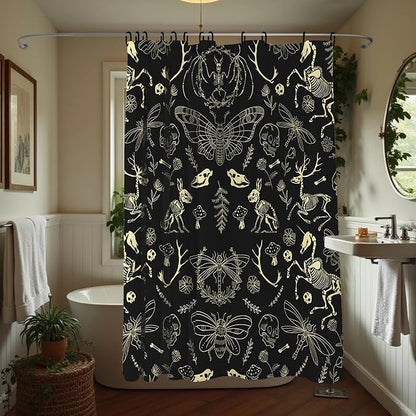 Black Gothic Witchy Skeleton Creature Shower Curtain Set 72x78 Inches | Black Gothic Witchy Skeleton Creature Print, Spooky Dark Folk Housewarming Gothic Lover Guest Bathroom Decor, With Hooks