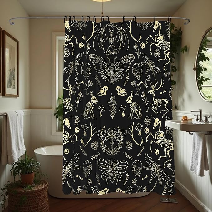 Black Gold Gothic Skeleton Skull Shower Curtain Set 72x84 Inches | Black Gold Gothic Skeleton Skull Print, Western Spooky Housewarming Gothic Lover Guest Bathroom Decor, With Hooks