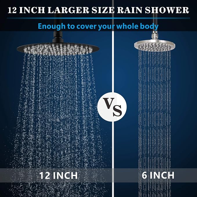 Voolan Rain Shower Head, High Flow Large Rainfall Showerhead Made of All Metal Stainless Steel, Waterfall Body Covering, Universal Wall and Ceiling Mount (12 Inch, Black)