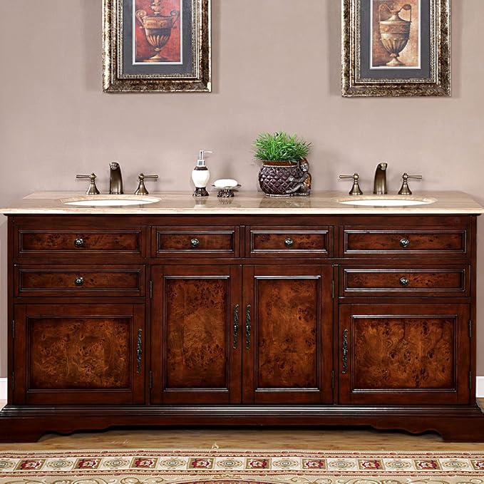 Silkroad Exclusive Hyp-0716-T-Uic-72 Travertine Stone Top Double Sink Bathroom Vanity with Bath Cabinet, 72", Medium Wood