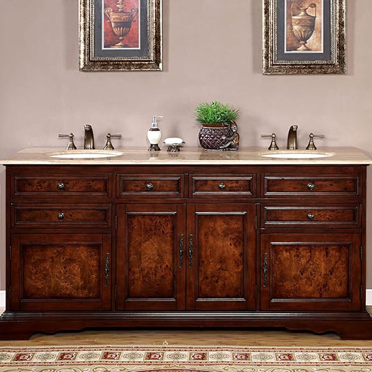 Silkroad Exclusive Hyp-0716-T-Uic-72 Travertine Stone Top Double Sink Bathroom Vanity with Bath Cabinet, 72", Medium Wood