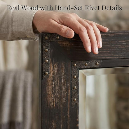 Rustic Black 30x40 Inch Wood Bathroom Vanity Mirror, Rivets | Industrial farmhouse, dark charcoal grain, larger vanities, mantels, living rooms and entry consoles