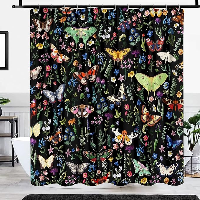 Boho Butterfly Floral Shower Curtain, Bright Abstract Bohemian Plant Flower Botanical Moth Shower Curtains, Black Modern Aesthetic Chic Fabric Shower Curtain Bathroom Accessories 12 Pack Hooks, 60X72
