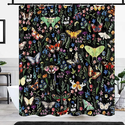 Boho Butterfly Floral Shower Curtain, Bright Abstract Bohemian Plant Flower Botanical Moth Shower Curtains, Black Modern Aesthetic Chic Fabric Shower Curtain Bathroom Accessories 12 Pack Hooks, 60X72