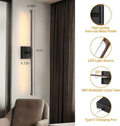Morauroral 24″ Walnut Black Battery Operated Wall Sconces, Dimmable Wall Sconces with Remote Control, Rechargeable Sconces Wall Lighting, LED Wireless Wall Lights for Bedroom, Living Room, Bathroom