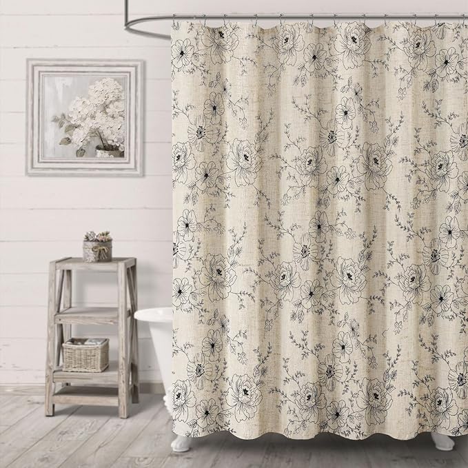 Farmhouse Floral Linen Shower Curtain, Vintage Black Embroidered Pattern Rustic Shower Curtains for Bathroom, Tan Taupe,72x72