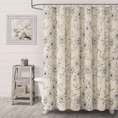 Farmhouse Floral Linen Shower Curtain, Vintage Black Embroidered Pattern Rustic Shower Curtains for Bathroom, Tan Taupe,72x72
