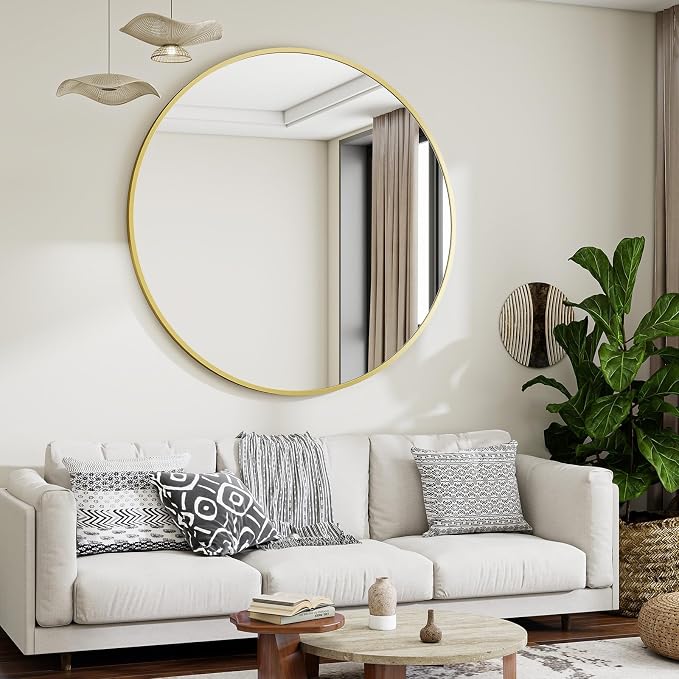 Large Gold Round Bathroom Mirror 48" with Thin Metal Frame | Circle Wall Mounted Mirror Hanging or Leaning Decor for Hallway, Entryway, Fireplace Mantel, Living Room