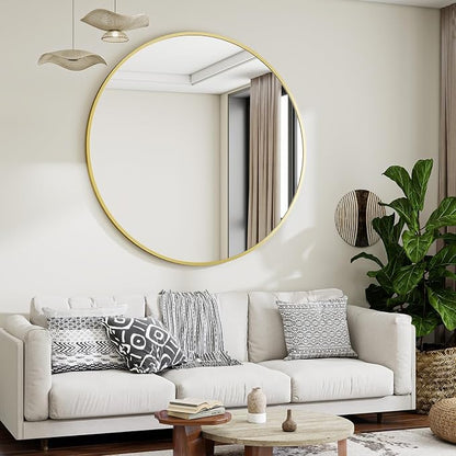 Large Gold Round Bathroom Mirror 48" with Thin Metal Frame | Circle Wall Mounted Mirror Hanging or Leaning Decor for Hallway, Entryway, Fireplace Mantel, Living Room