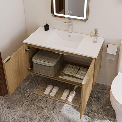 Modern Bathroom Vanity with Wavy Textured Doors - Wall Mounted Floating Cabinet, Soft-Close Waterproof Storage for Small Bathroom, Easy Install (Nature with Sink, 36)