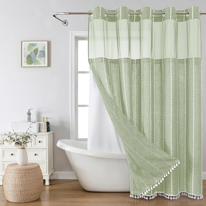 eachope No Hook Extra Long Shower Curtain Set with Snap-in Liner,Linen Textured Thick Striped Fabric with Tassels,Boho Chic Modern Farmhouse Bathroom Curtain,Water-Repellent,Sage Green,71x86 | 330GSM Thick Linen Textured Striped Fabric with Tassels,Sna...