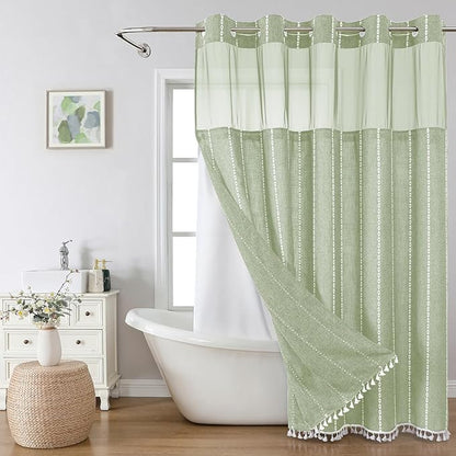 eachope No Hook Long Shower Curtain Set with Snap-in Fabric Liner,Linen Ultra Thick Fabric with Tassels,Boho Chic Modern Farmhouse Country Neutral Cloth Shower Curtains for Bathroom,Sage Green,71x80 | 330GSM Thick Linen Textured Striped,Boho Farmhouse ...