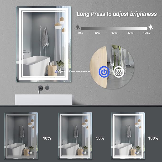 28"x 20" LED Bathroom Mirror Vanity Mirror | Anti-Fog+Dimmable+Color Temperature Adjustable+Switch-held Memory Led Wall Mirror for Bathroom, Vanity (Vertical/Horizontal)