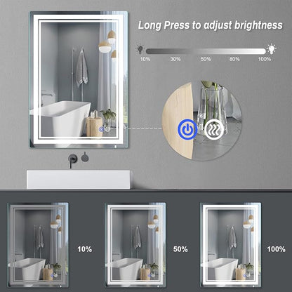 28"x 20" LED Bathroom Mirror Vanity Mirror | Anti-Fog+Dimmable+Color Temperature Adjustable+Switch-held Memory Led Wall Mirror for Bathroom, Vanity (Vertical/Horizontal)