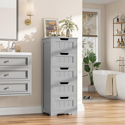 FOTOSOK Bathroom Cabinet, Bathroom Storage Cabinet with 5 Drawers, Grey | Narrow Bathroom Storage with Cut-Out Handles, 11.8” x 15.7” x 40.1”, Slim & Small Floor Cabinet for Laundry/Hallway
