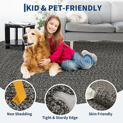 Imitation Braided Collection-Print Washable Area Rug 4x6 Scalloped Entryway Rug with Non Slip Rubber Backing, Farmhouse Soft Low Pile Rustic Accent Rug for Living Room Bedroom Dining Room