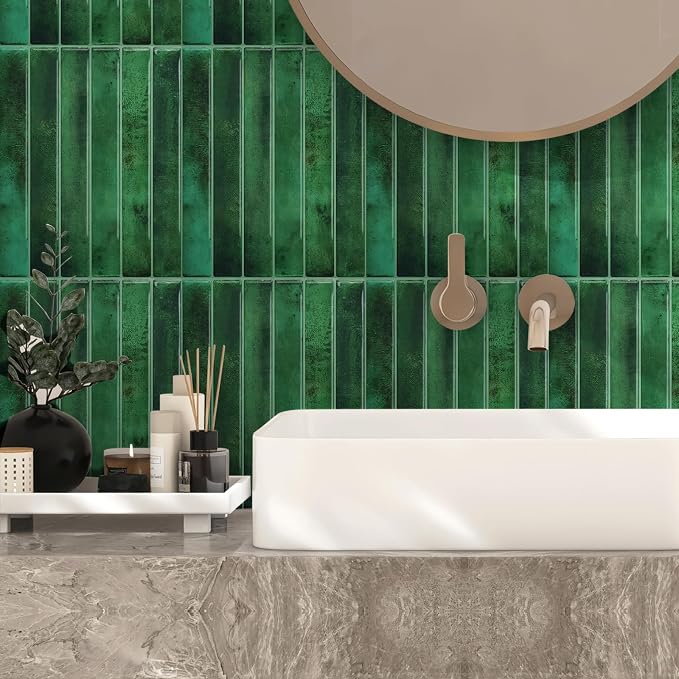 Renter Friendly Backsplash Tile Stickers for Kitchen Bathroom RV Easy Deco Just Peel Stick, Removable Emerald Green Tile Backsplash 10 Sheet 9 * 11.4 inch with Glossy and Thick Design