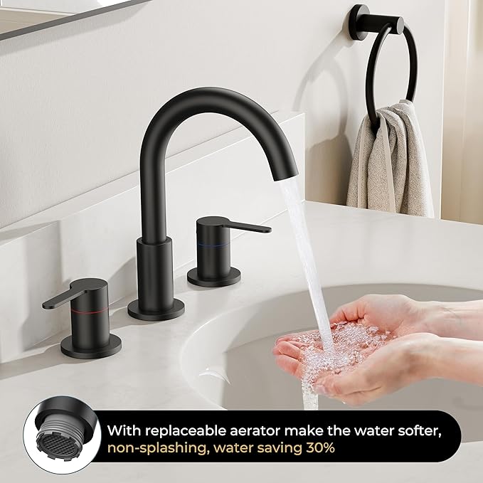 QFN Matte Black Bathroom Faucets 3 Hole, 8 Inch Widespread Vanity Sink Faucet with Aerator, 2 Handle 360° Swivel High Arc Spout, Spot-Free Finish, cUPC NSF Certified and CEC & DOE Compliant