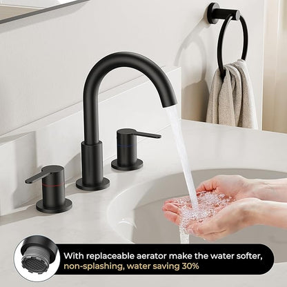 QFN Matte Black Bathroom Faucets 3 Hole, 8 Inch Widespread Vanity Sink Faucet with Aerator, 2 Handle 360° Swivel High Arc Spout, Spot-Free Finish, cUPC NSF Certified and CEC & DOE Compliant