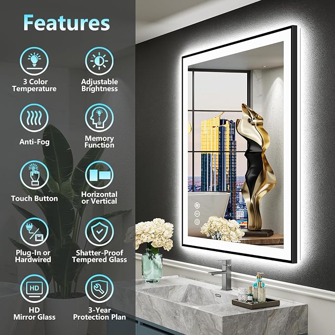 24x36 Black LED Bathroom Mirror, Backlit & Front Lit Lighted Mirror | Metal Framed Anti-Fog Vanity Mirror with Lights, 3 Color Dimmable, Memory, Tempered Glass, CRI95, IP54, Horizontal/Vertical