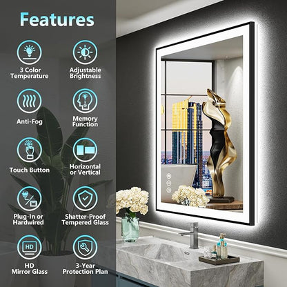 24x32 Black LED Bathroom Mirror, Backlit & Front Lit Lighted Mirror | Metal Framed Anti-Fog Vanity Mirror with Lights, 3 Color Dimmable, Memory, Tempered Glass, CRI95, IP54, Horizontal/Vertical