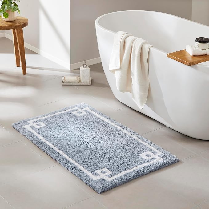 Madison Park Evan 100% Cotton Bath Rug Plush Absorbent, 24" x 40", Blue | Non-slip Backing, OEKO TEX, Luxurious Tufted Plush Bath Mat for Bathroom, Quick Dry, Spa Design Decorative for Shower Room