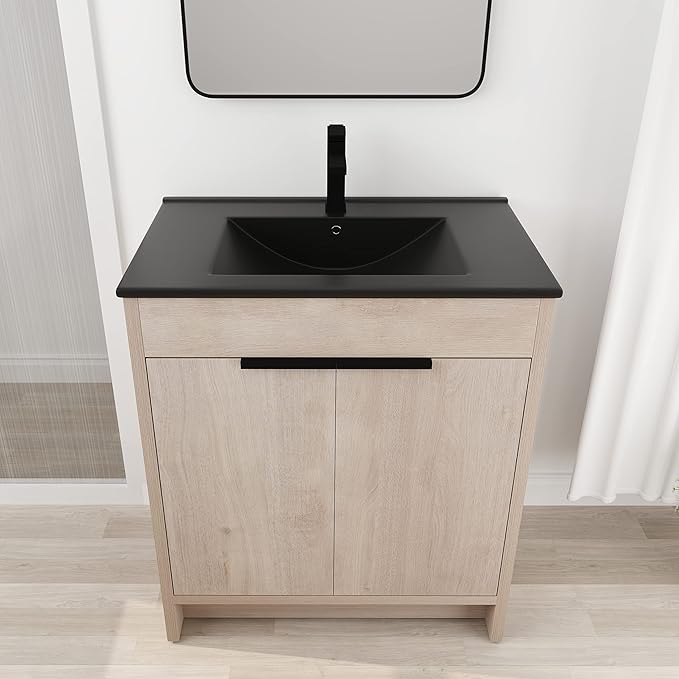 30'' Freestanding Bathroom Vanity, 30 Inch Floor Stand Bathroom Vanity with Sink, Single Black Sink Cabinet Set, Modern Storage Cabinet, with Soft Closing Door, 02430PLO+9075BK