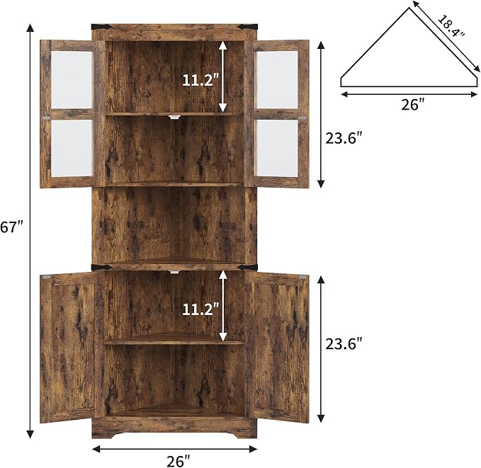 GarveeHome 67" Tall Corner Storage Cabinet, Farmhouse Corner Hutch Display Cabinet with Glass Doors, Wooden Storage Organizer for Kitchen, Living Room, Bathroom, Brown