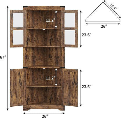 GarveeHome 67" Tall Corner Storage Cabinet, Farmhouse Corner Hutch Display Cabinet with Glass Doors, Wooden Storage Organizer for Kitchen, Living Room, Bathroom, Brown